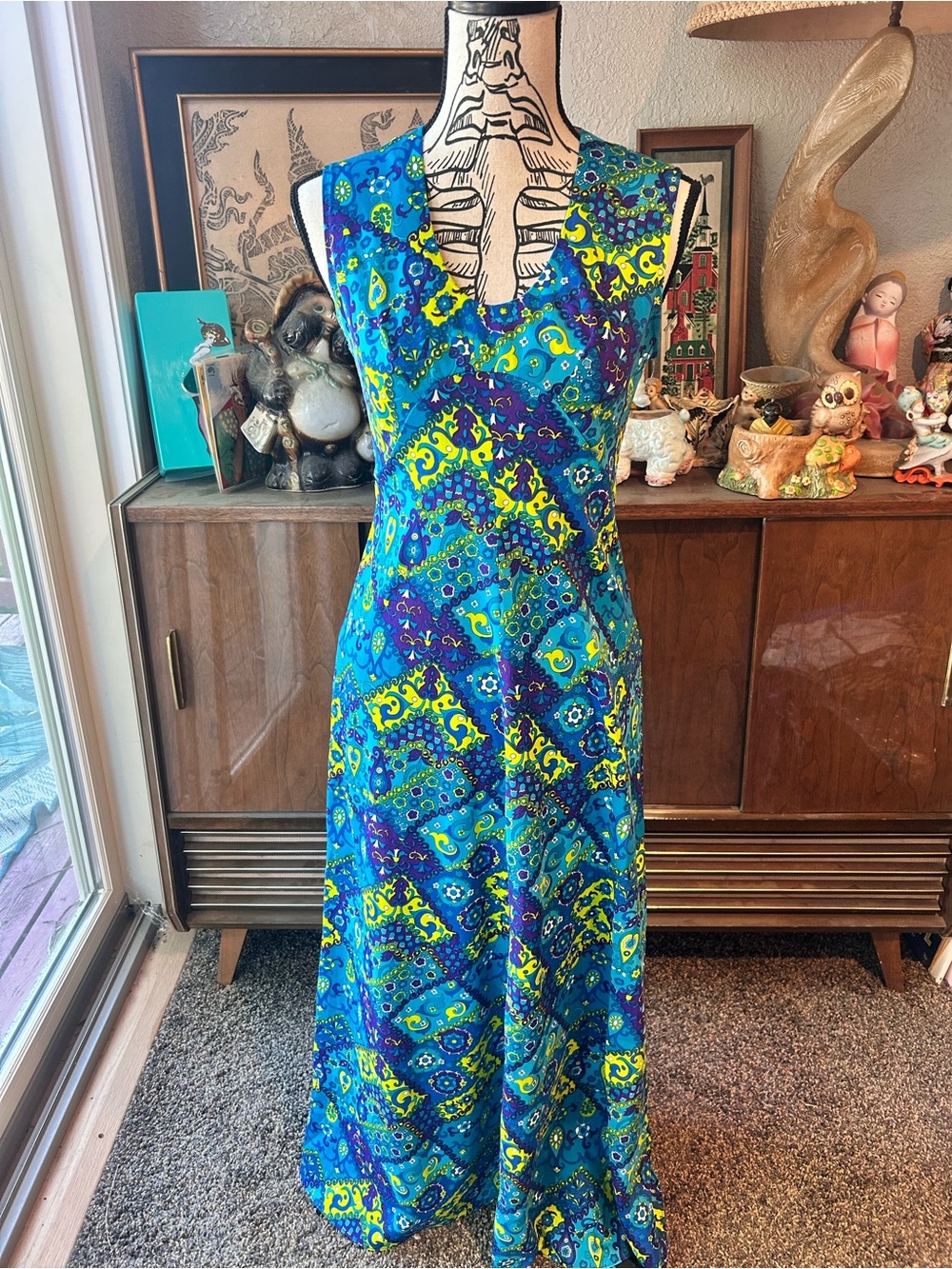 Vintage Sleeveless Maxi Dress in Blue & Yellow Abstract Print